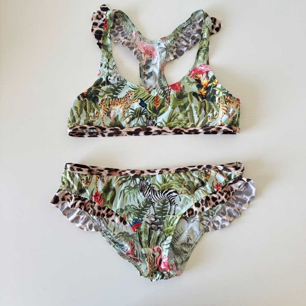 Calzedonia Girls Tropical Print Bikini Set with Leopard Accents, Size 10